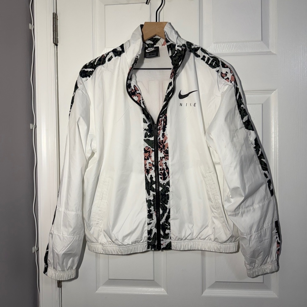 Nike Sportswear Women White Floral Camo Windbreaker Jacket Full Zip Small